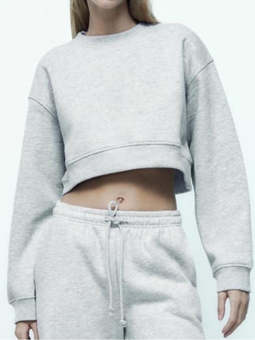 Zara Light Gray Ribbed Crewneck Sweatshirt
